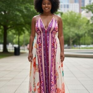 Floral Halter Maxi Dress - Purple and Cream